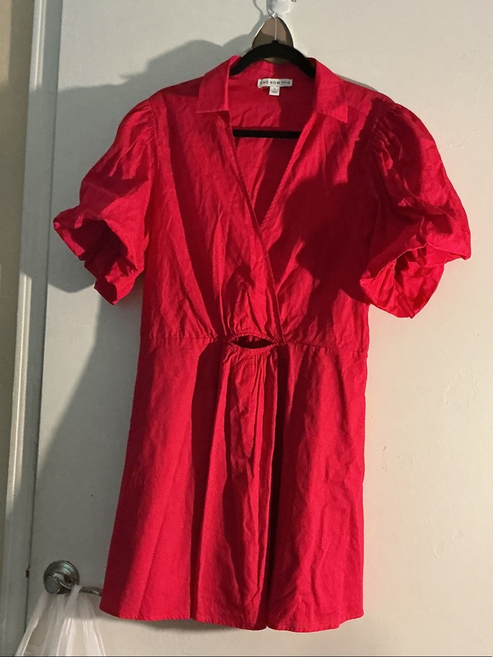 Bright Red Puff-Sleeve Mini Dress with V-Neck